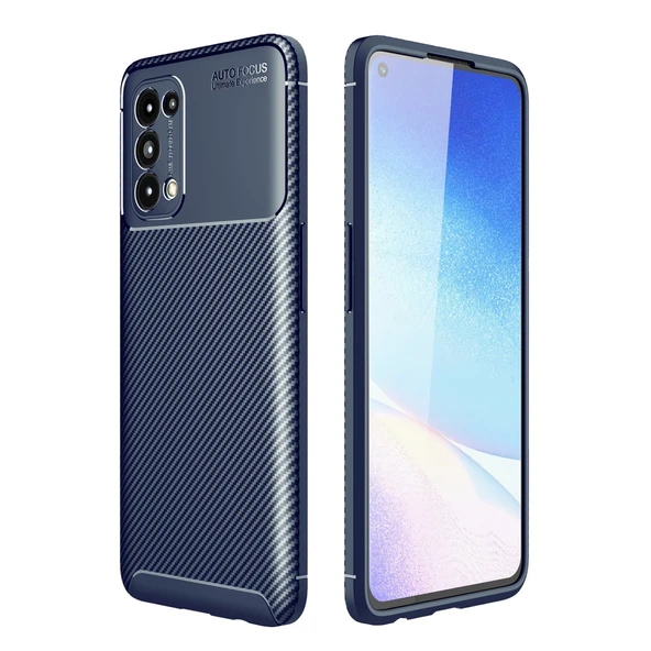 Oppo Reno 5 Uyumlu Kılıf Auto Focus Karbon Kapak - Lacivert ürün görseli 1