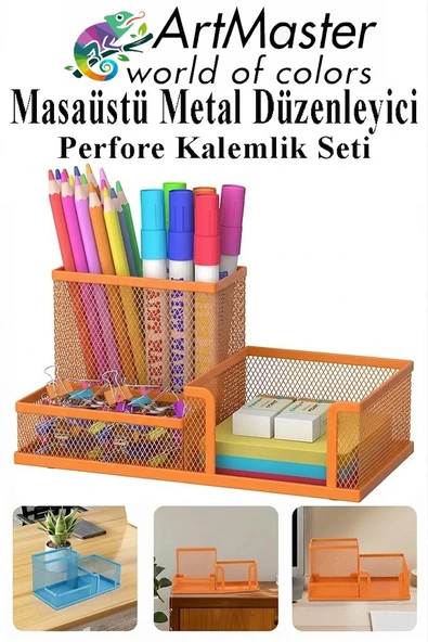Turuncu Masaüstü Metal Kalemlik Seti 3 lü Kombo 1 Paket Fileli Perfore Renkli Kalemlik Kağıtlık Küpnotluk Düzenleyici ürün görseli 1