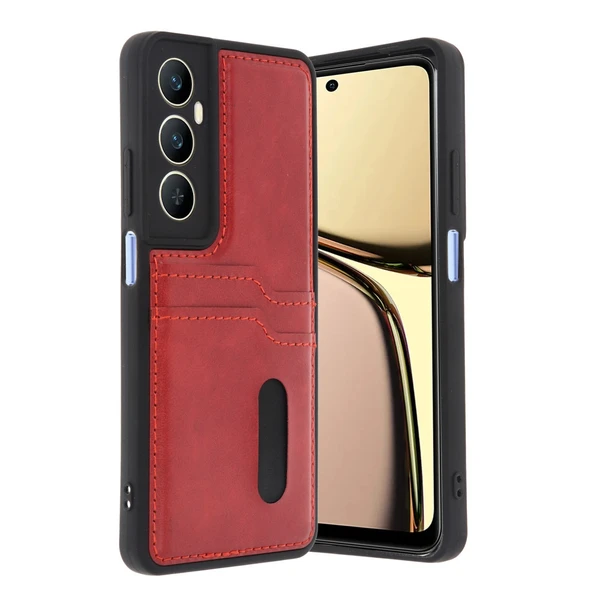 Realme C65 Uyumlu Sara Kartvizitli Deri Kılıf - Kırmızı ürün görseli 1