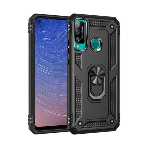 Huawei P40 Lite E Uyumlu Kılıf Sofya Yüzüklü Silikon Kapak - Siyah ürün görseli 1