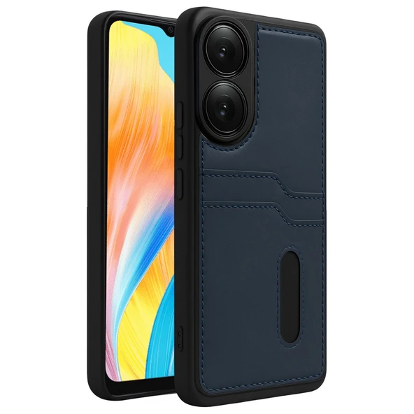 Oppo A38 Uyumlu Sara Kartvizitli Deri Kılıf - Lacivert ürün görseli 1