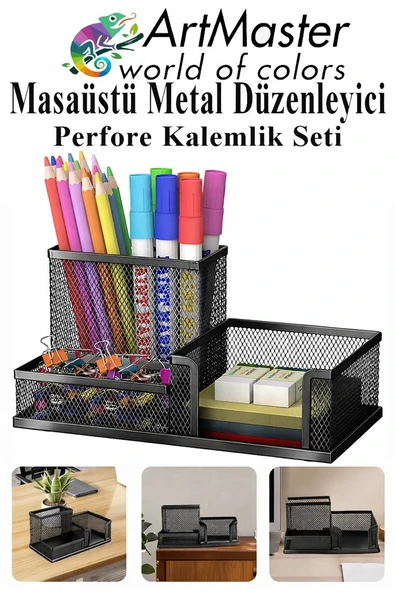 Siyah Masaüstü Metal Kalemlik Seti 3 lü Kombo 1 Paket Fileli Perfore Renkli Kalemlik Kağıtlık Küpnotluk Düzenleyici ürün görseli 1