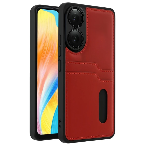 Oppo A38 Uyumlu Sara Kartvizitli Deri Kılıf - Kırmızı ürün görseli 1