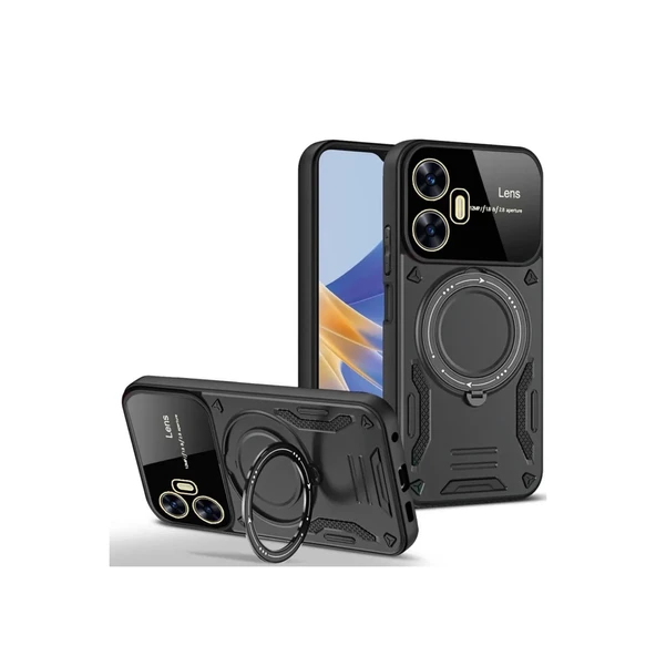 Realme C55 Uyumlu Kılıf Joy Lens Standlı Kapak - Siyah ürün görseli 1