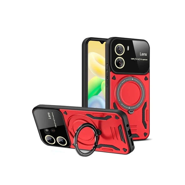 Vivo Y16 Uyumlu Kılıf Joy Lens Standlı Kapak - Kırmızı ürün görseli 1