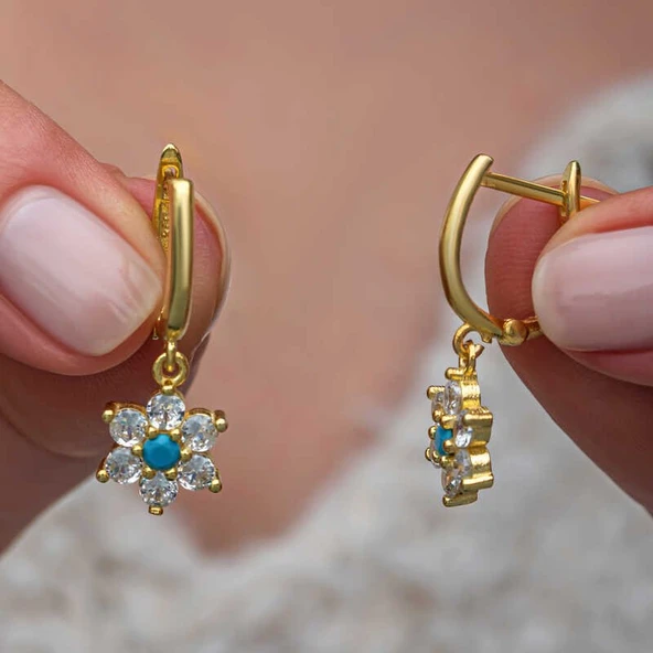 Gümüş Mavi Taşlı Gold Çiçek Kadın Küpe ürün görseli 1
