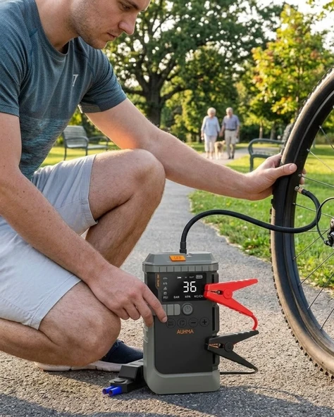 Araç Lastik Basınç Pompası Akü Takviye Powerbank ve SOS Işıklı Çok Fonksiyonlu Cihaz ürün görseli 1