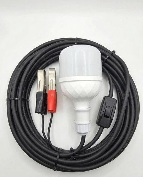 Aküden Bağlantılı Maşalı 30W 12V Led Ampul,lü E27 Duylu Anahtarlı Araç,Karavan,Kamp Seyyar Lamba 12/16A 2 X1,5mm TTR Bakır 5 Mt-Siyah ürün görseli 1