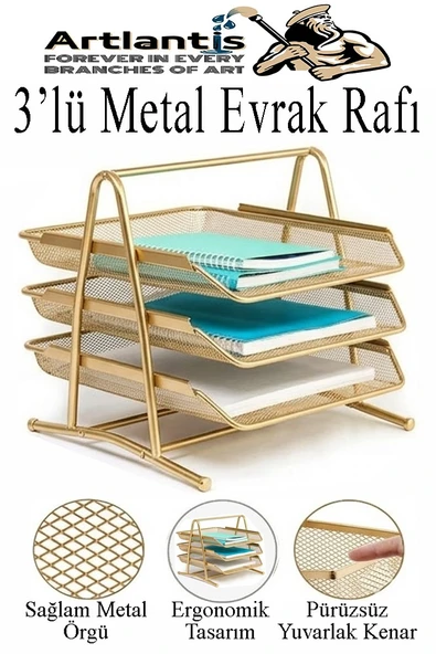 Renkli Metal Evrak Rafı 3 lü 1 Paket Masa Üstü A4 Dosya Düzenleyici Kağıt Tepsisi Metal Fileli Üç Katlı Hareketli Perfore ürün görseli 1