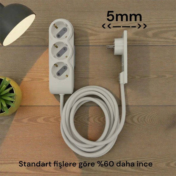 ORVI PRIME İnce Fişli Uzatma Kablosu 3’lü 3 Metre Topraklı Çocuk Korumalı 3x1  3500W Beyaz ürün görseli 1