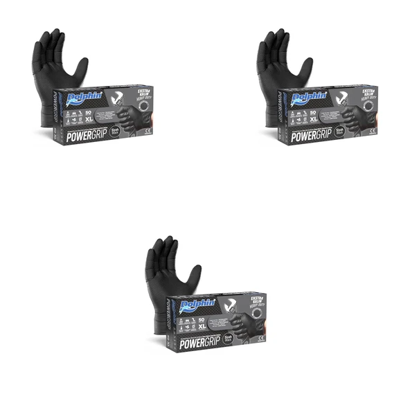 Dolphin Nitril PowerGrip Ekstra Kalın Elmas Dokulu Eldiven Siyah XL Büyük Boy - 50'li 3 Paket ürün görseli 1