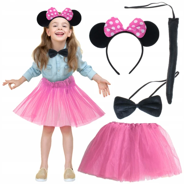Minnie Kostüm Seti (Pembe Tütü Etek + Pembe Taç + Papyon + Kuyruk) ürün görseli 1