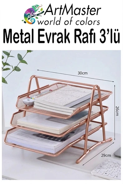 Bakır Yaldız Metal Evrak Rafı 3 lü 1 Paket Masaüstü A4 Dosya 3 Katlı Düzenleyici Kağıt Tepsisi Metal Fileli Hareketli ürün görseli 1