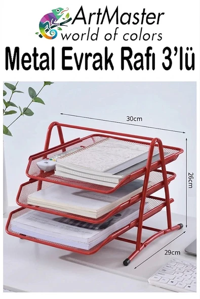 Kırmızı Metal Evrak Rafı 3 lü 1 Paket Masaüstü A4 Dosya 3 Katlı Düzenleyici Kağıt Tepsisi Metal Fileli Hareketli ürün görseli 1
