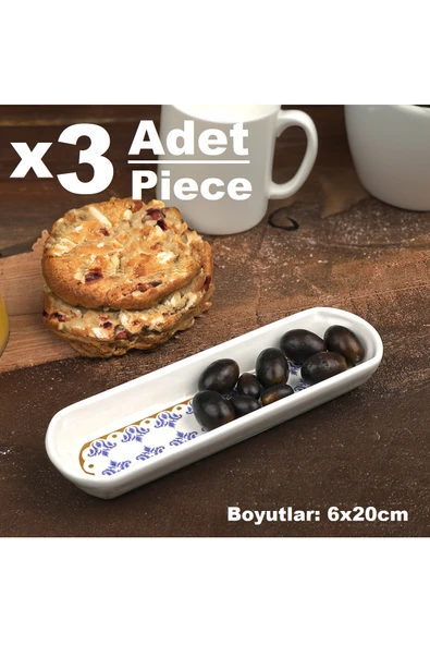 Ottoman 3 Adet Seramik Zeytinlik Oval Kayık Sunum Tabağı - 6x20cm ürün görseli 1