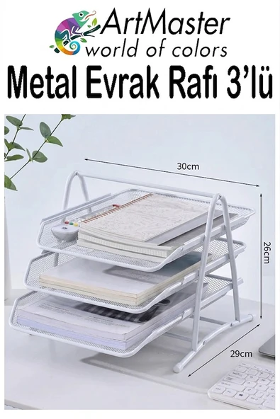 Beyaz Metal Evrak Rafı 3 lü 1 Paket Masaüstü A4 Dosya 3 Katlı Düzenleyici Kağıt Tepsisi Metal Fileli Hareketli ürün görseli 1