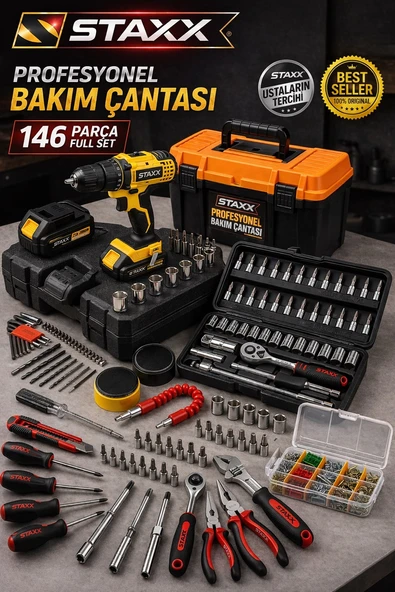 Çift Akülü Matkap Seti 146 Parça Profesyonel Bakım Çantası Şarjlı Vidalama Lokma Tornavida Full Set ürün görseli 1
