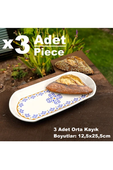 Ottoman 3 Adet Seramik Orta Boy Oval Kayık Kahvaltı Sunum Tabağı - 12,5x25,5cm ürün görseli 1