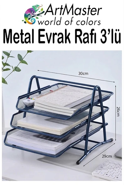 Lacivert Metal Evrak Rafı 3 lü 1 Paket Masaüstü A4 Dosya 3 Katlı Düzenleyici Kağıt Tepsisi Metal Fileli Hareketli ürün görseli 1