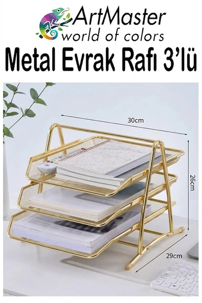 Altın Sarı Metal Evrak Rafı 3 lü 1 Paket Masaüstü A4 Dosya 3 Katlı Düzenleyici Kağıt Tepsisi Metal Fileli Hareketli ürün görseli 1