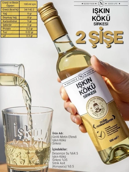 2 Şişe Giritli Metin Efendi Işkın Işgın Kökü Sirkesi 2 x 500 ml Polifenol ve Antioksidan Desteği ürün görseli 1