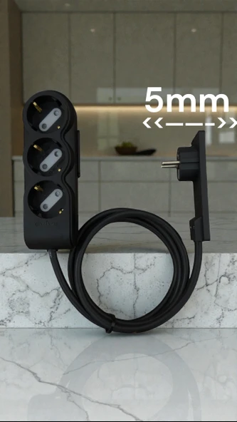 ORVI PRIME Ultra İnce Fişli 3’lü Uzatma Kablosu 3m Siyah 3500W Topraklı Çocuk Korumalı ürün görseli 1