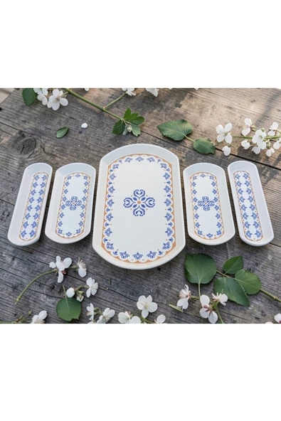 Ottoman 5 Parça Seramik Oval Kayık Kahvaltı Zeytinlik Servis Sunum Tabağı Seti ürün görseli 1