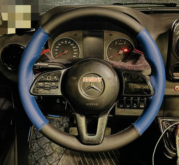 DİKİŞLİ DİREKSİYON KILIFI SİYAH / MAVİ DERİ SİYAH DİKİŞLİ MERCEDES SPRİNTER VİTO İÇİN ürün görseli 1