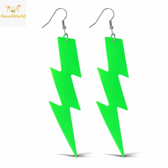 80’ler 90'lar Retro Neon Yeşil Şimşek Küpe 10 cm ürün görseli 1