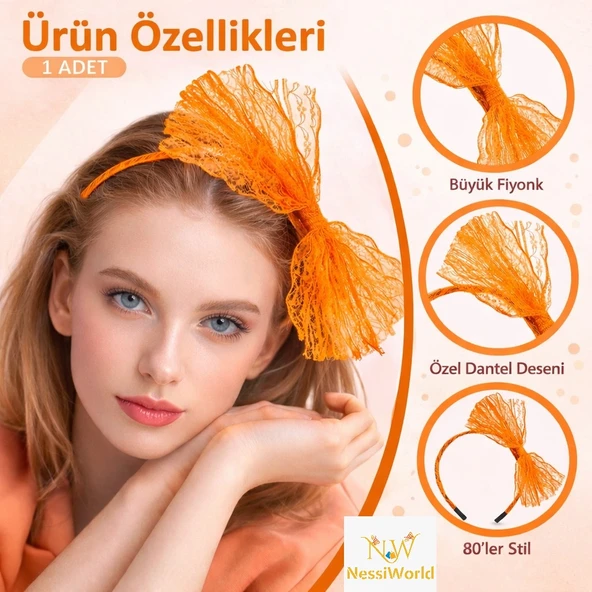 80’ler 90’lar Neon Turuncu Dantel Taç Fiyonklu ürün görseli 1