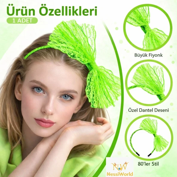 80’ler 90’lar Neon Yeşil Dantel Taç Fiyonklu ürün görseli 1