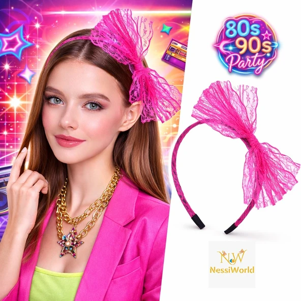 80’ler 90’lar Neon Pembe Dantel Taç Fiyonklu ürün görseli 1
