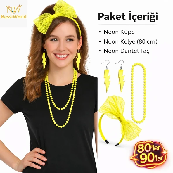 80’ler 90’lar Neon Sarı Parti Seti – Kolye Küpe Taç ürün görseli 1