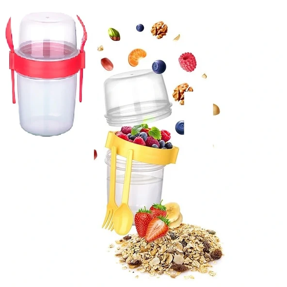 Çift Hazneli - Çatal Kaşıklı Portatif Müsli -Atıştırmalık Kabı 650 Ml ürün görseli 1