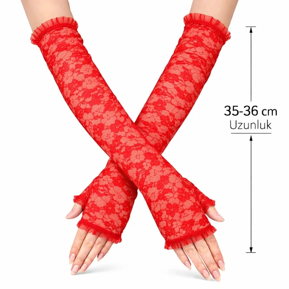 Uzun Zarif Dantel Eldiven Parmaksız Kırmızı 35 Cm ürün görseli 1