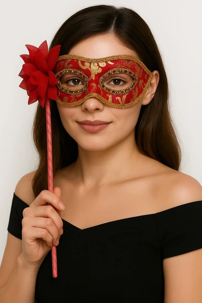 Lüks Taşlı Saplı Maskeli Balo Maskesi Kırmızı Renk 35 Cm ürün görseli 1