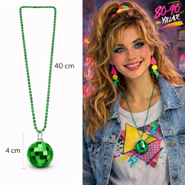 Retro Disko Topu Şekilli 80'Ler 90'Lar Yeşil Renk Plastik Kolye ürün görseli 1