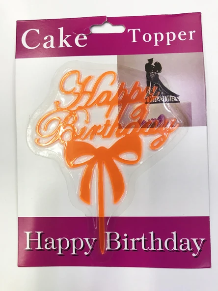 Happy Birthday Yazılı Fiyonklu Pasta Kek Çubuğu Turuncu Renk ürün görseli 1