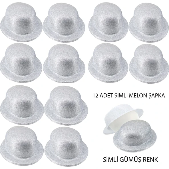 Gümüş Renk Simli Melon Yuvarlak Parti Şapkası 12 Adet ürün görseli 1