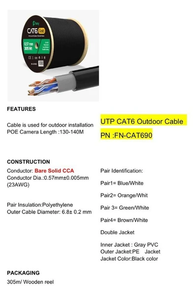 Feny FN-CAT690 305 Metre 23 AWG 0.57Mm Dış Mekan Cat6 UTP Kablo ürün görseli 1