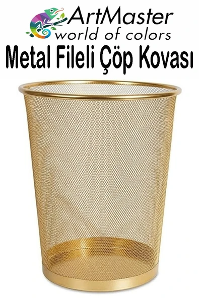 Altın Sarı Çöp Kovası Paslanmaz Çelik Fileli 1 Adet Ofis Büro Okul Çöp Kovası Metal Delikli Kolay Kullanım ürün görseli 1