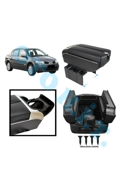 OTO H.İ.T. RENAULT MEGANE 2 UYUMLU KOL DAYAMA KOLÇAK USB'Lİ BARDAKLIKLI ÇİFT AÇILIR SİYAH DERİ 1.SINIF KALİTELİ ürün görseli 1