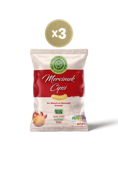 Glütensiz Fabrika Vegan Acı Biberli Ve Domates Aromalı Mercimek Cipsi 60 g (3 adet) ürün görseli 1
