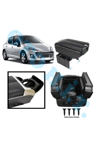 OTO H.İ.T. PEUGEOT 207 UYUMLU KOL DAYAMA KOLÇAK USB'Lİ BARDAKLIKLI ÇİFT AÇILIR SİYAH DERİ 1.SINIF KALİTELİ ürün görseli 1