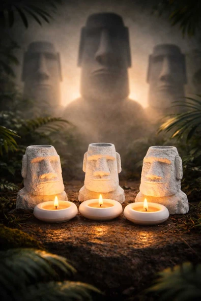EVROSİ Moai Trio Ada Konseyi 10Cm 6 Parça Minimal Biblo Tealight Mum Dekor Seti ürün görseli 1