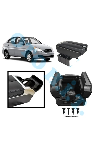 OTO H.İ.T. HYUNDAİ ACCENT ERA UYUMLU KOL DAYAMA KOLÇAK USB'Lİ BARDAKLIKLI ÇİFT AÇILIR SİYAH DERİ 1.SINIF KALİTE ürün görseli 1