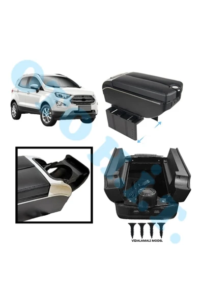 OTO H.İ.T. FORD ECOSPORT UYUMLU KOL DAYAMA KOLÇAK USB'Lİ BARDAKLIKLI ÇİFT AÇILIR SİYAH DERİ 1.SINIF KALİTELİ ürün görseli 1