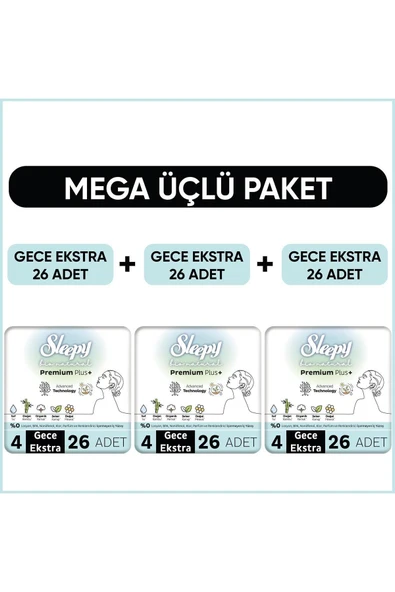 Sleepy Bio Natural Premium Plus Hijyenik Ped Mega Paket Gece Extra 26X3 Adet ürün görseli 1