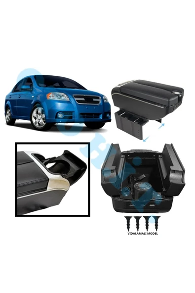OTO H.İ.T. CHEVROLET AVEO 07-11 UYUMLU KOL DAYAMA KOLÇAK USB'Lİ BARDAKLIKLI ÇİFT AÇILIR SİYAH DERİ 1.SINIF ürün görseli 1