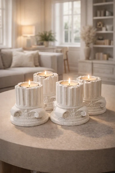 EVROSİ Lycia Aeterna – 4’lü Dekoratif Antik Sütun Tealight Mumluk Seti 7,5cm ürün görseli 1